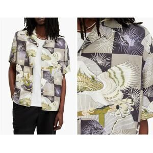 AllSaints Sebastian Floral Print Shirt Milky Grey Mens XL Relaxed Fit Hi Lo Hem
